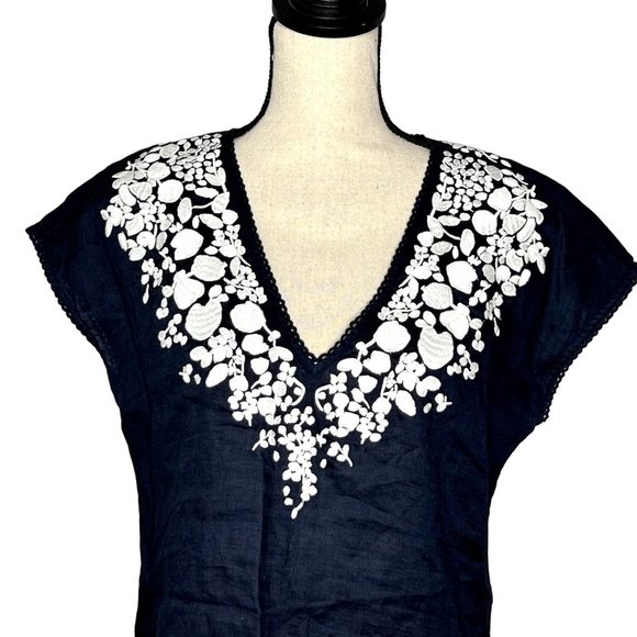 Tory Burch Navy Blue White Issy Scallop-Trim Embroidered Linen Tunic Top Size S - Picture 2 of 9